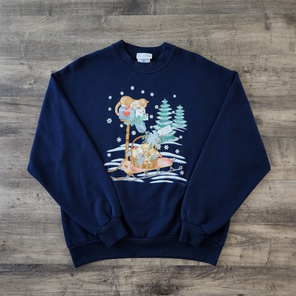 VTG Willow Bay Cat Holiday Pullover Crewneck Sweatshirt Blue Women's Large